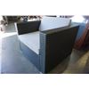 Image 8 : PAIR OF BLACK RATTAN PATIO ARM CHAIRS W/ GREY CUSHIONS AND END TABLE