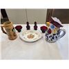 Image 1 : LIMOGES DISH WITH RUBY GLASS CONDIMENT SET, BEER STEIN AND ROOSTER PITCHER