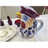Image 2 : LIMOGES DISH WITH RUBY GLASS CONDIMENT SET, BEER STEIN AND ROOSTER PITCHER