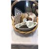 Image 1 : WICKER BASKET OF COLLECTABLES - CHINA GLASSWARE, WOOD CARVINGS