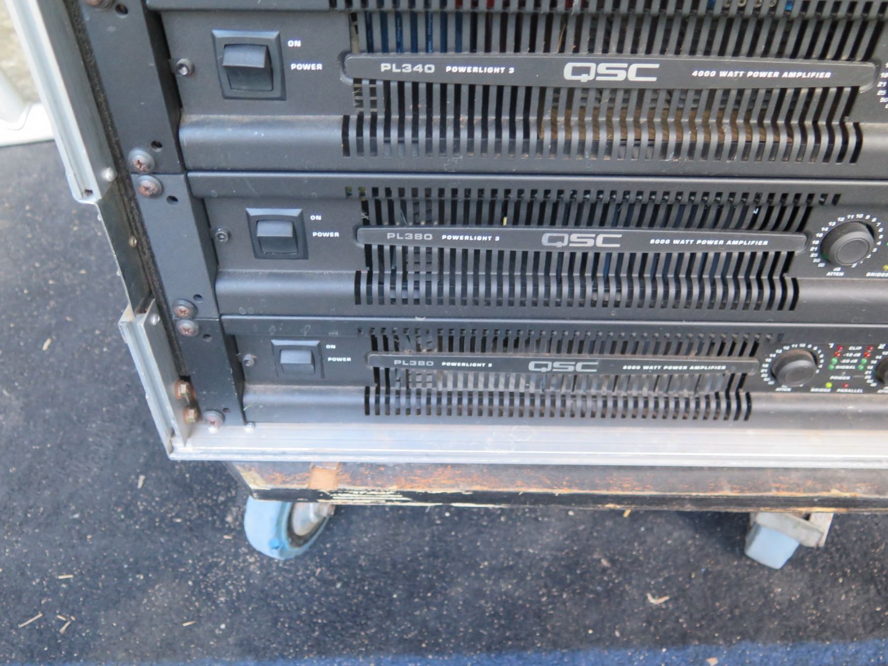 QSC Rack #1- 4 QSC Powerlight Amps; DBX 4800 Digital Proc and 2 x 100 ...