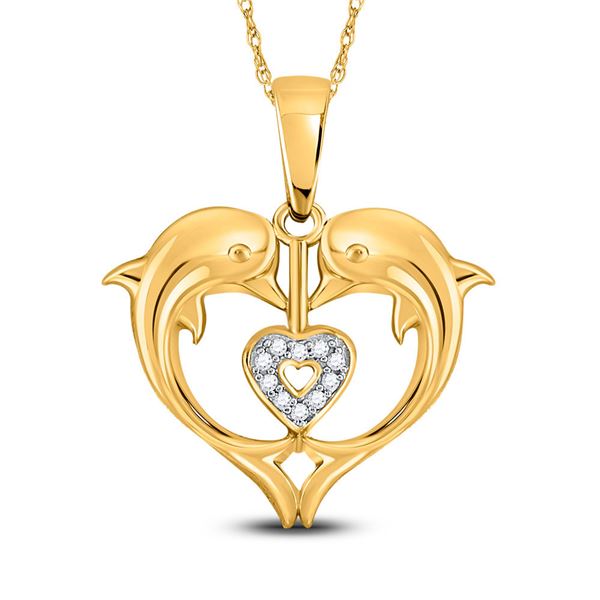 Round Diamond Double Dolphin Heart Pendant .03 Cttw 10KT Yellow Gold