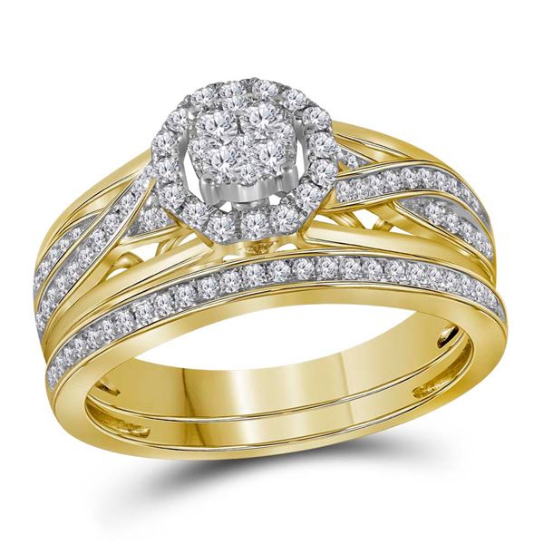 Diamond Cluster Bridal Wedding Ring Band Set 1/2 Cttw 14KT Yellow Gold