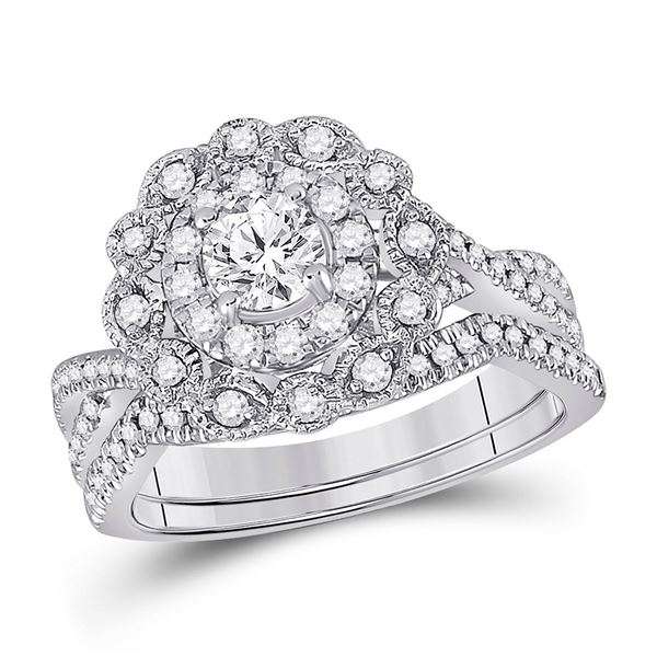 Diamond Halo Bridal Wedding Ring Band Set 1 Cttw 14KT White Gold