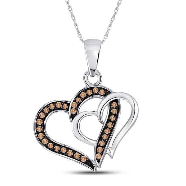 Round Brown Diamond Double Linked Heart Pendant 1/4 Cttw 10KT White Gold