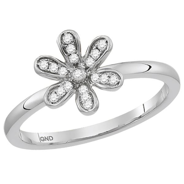 Round Diamond Flower Floral Stackable Band Ring 1/8 Cttw 14KT White Gold