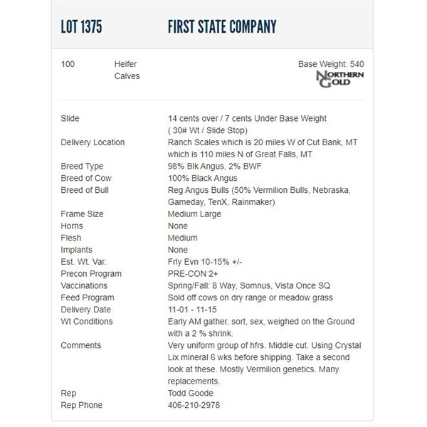 First State Company - 100 Heifer Calves; Base Weight: 540