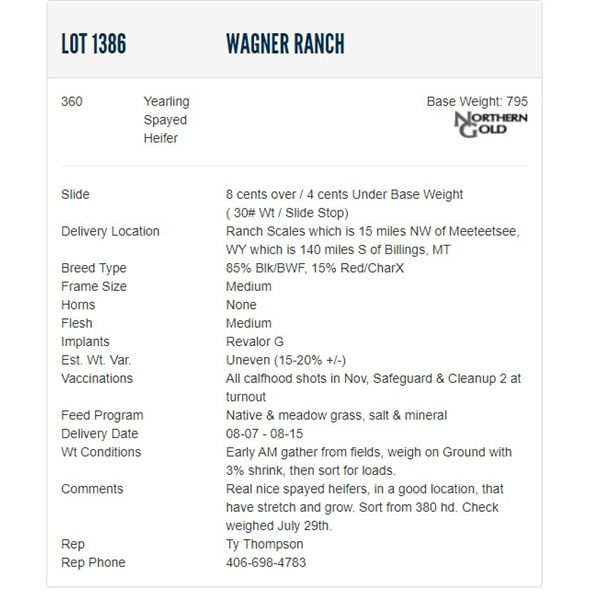 Wagner Ranch - 360 Yearling Spayed Heifers; Base Weight: 795