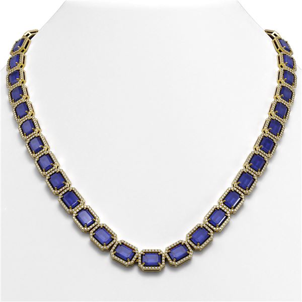 58.59 ctw Sapphire & Diamond Micro Pave Halo Necklace 10k Yellow Gold - REF-731A3N