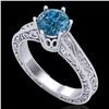 Image 1 : 1 ctw Intense Blue Diamond Engagment Art Deco Ring 18k White Gold - REF-200G2W