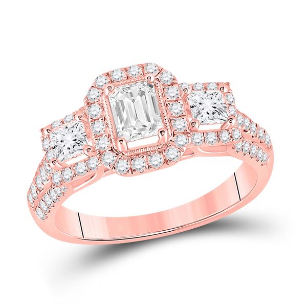 Emerald Diamond 3-stone Bridal Wedding Engagement Ring 1-1/2 Cttw 14kt Rose Gold