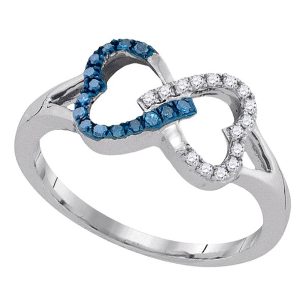Blue Color Enhanced Diamond Double Linked Heart Ring 1/6 Cttw Sterling Silver