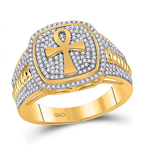 Mens Diamond Ankh Cross Ring 5/8 Cttw 10kt Yellow Gold