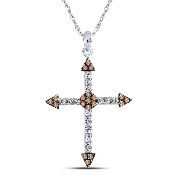 Brown Diamond Cross Beaded Pendant 1/6 Cttw 10kt White Gold