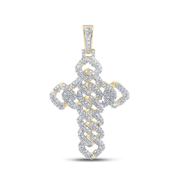 Mens Diamond Cuban Link Cross Charm Pendant 1-3/4 Cttw 10kt Yellow Gold