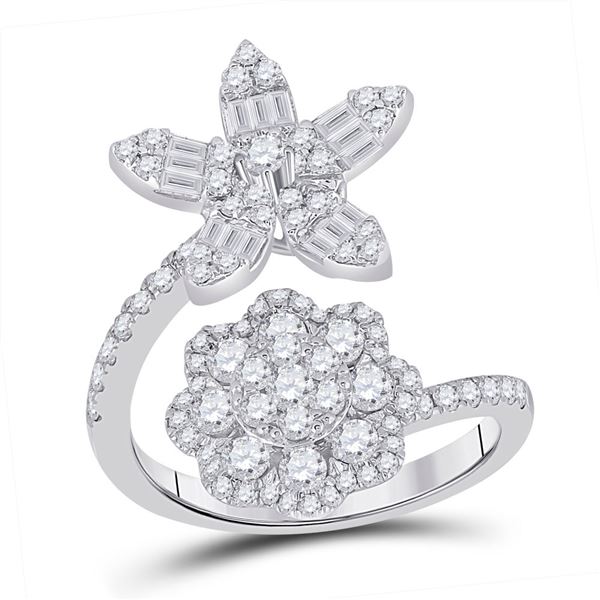 Baguette Diamond Bypass Flower Cocktail Ring 1-1/3 Cttw 14kt White Gold