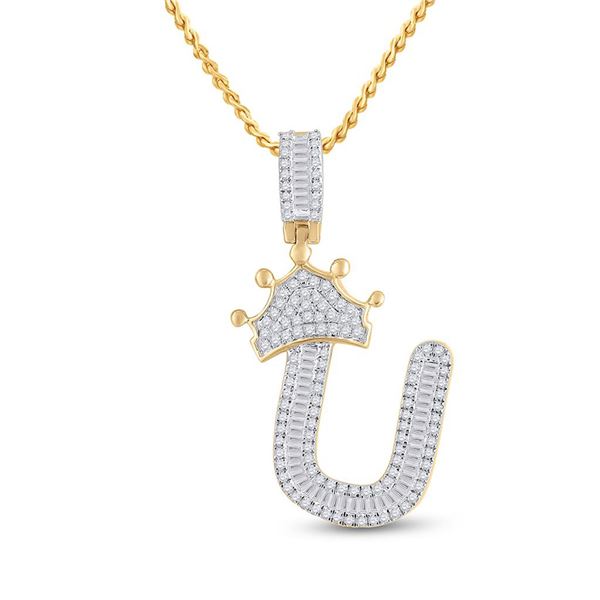 Mens Baguette Diamond Crown U Letter Charm Pendant 5/8 Cttw 10kt Yellow Gold