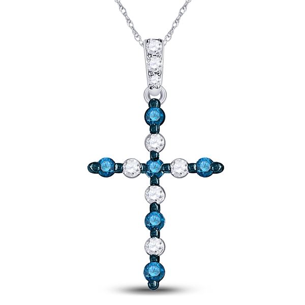 Blue Color Enhanced Diamond Cross Pendant 1/4 Cttw 10kt White Gold