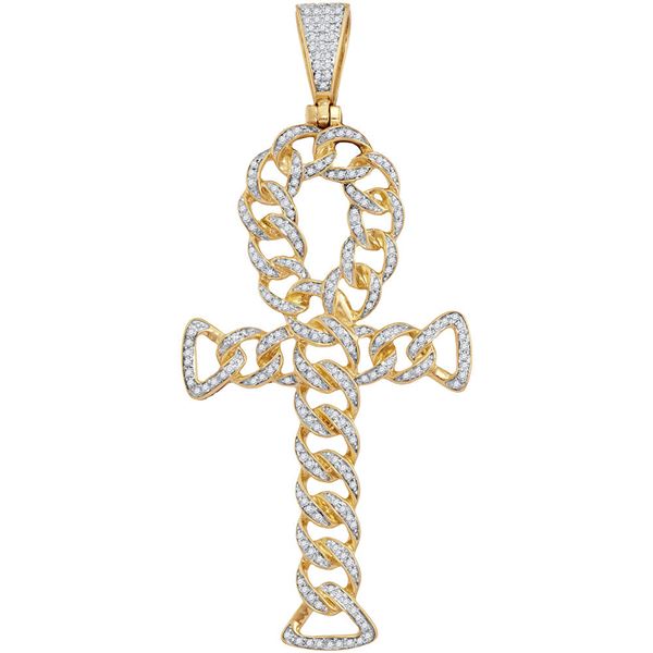 Mens Diamond Ankh Cross Cuban Link Charm Pendant 7/8 Cttw 10kt Yellow Gold