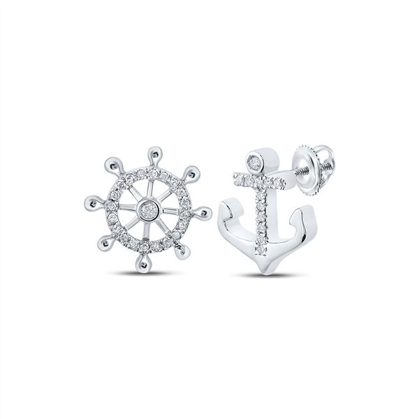 Diamond Anchor Wheel Stud Earrings 1/10 Cttw 10kt White Gold