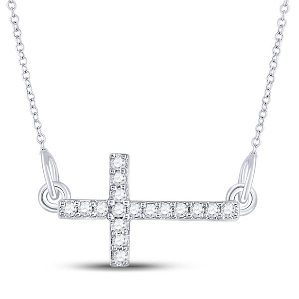 Diamond Horizontal Sideways Cross Necklace 1/10 Cttw Sterling Silver