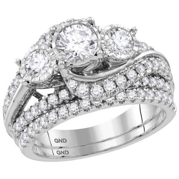 Diamond 3-Stone Bridal Wedding Ring Set 2 Cttw 14kt White Gold