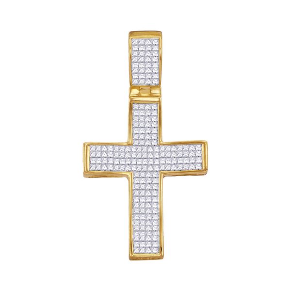 Mens Princess Diamond Cross Charm Pendant 1-1/2 Cttw 10kt Yellow Gold