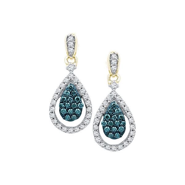 Blue Color Enhanced Diamond Teardrop Dangle Earrings 5/8 Cttw 10kt Yellow Gold