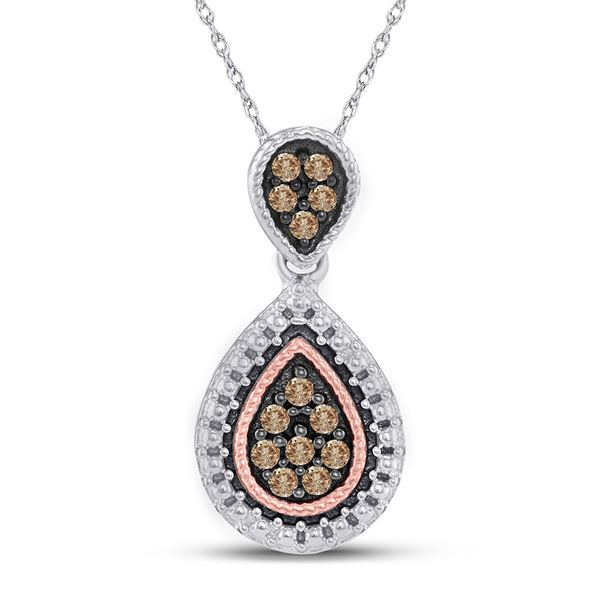 Brown Diamond Teardrop Cluster Pendant 1/6 Cttw Sterling Silver