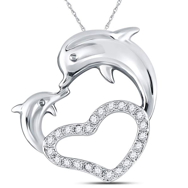Diamond Double Dolphin Heart Pendant 1/6 Cttw 14kt White Gold