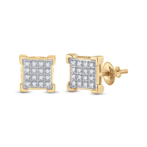 Mens Diamond Square Cluster Earrings 1/10 Cttw 10kt Yellow Gold