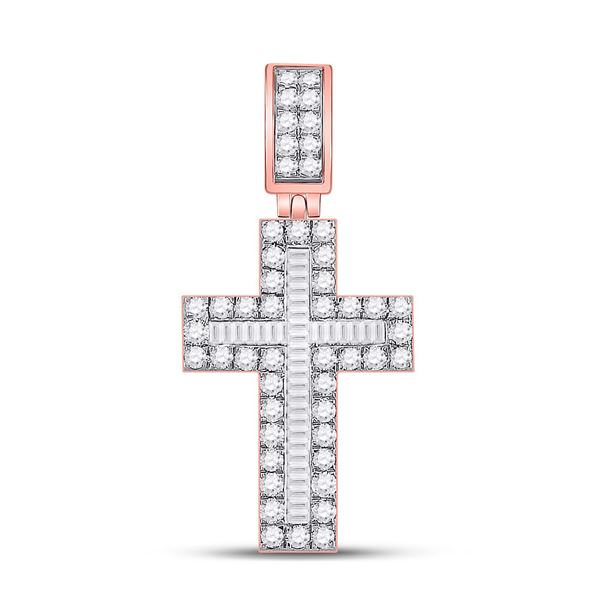 Mens Baguette Diamond Cross Charm Pendant 1-5/8 Cttw 10kt Rose Gold