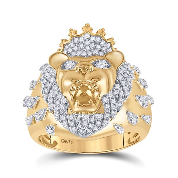 Mens Diamond Lion Head Crown Animal Ring 7/8 Cttw 10kt Yellow Gold
