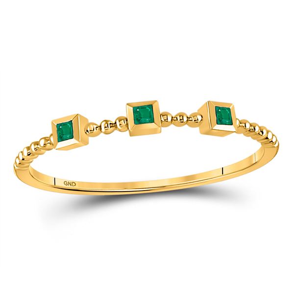 Princess Emerald Beaded 3-stone Stackable Band Ring .03 Cttw 10kt Yellow Gold