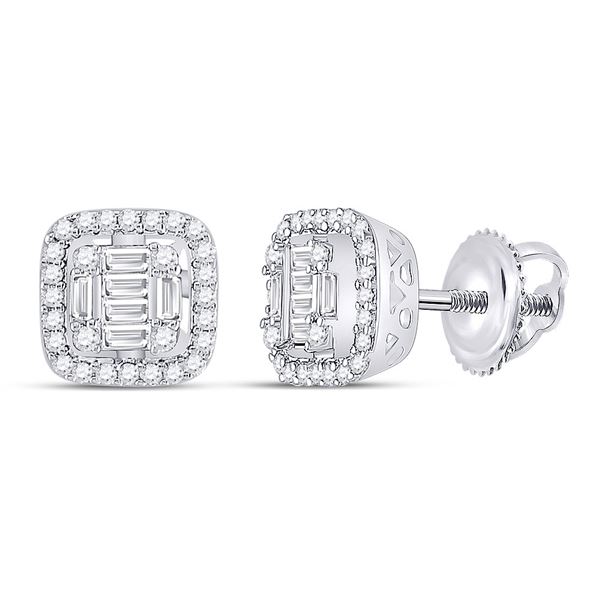 Baguette Diamond Fashion Cushion Cluster Earrings 3/8 Cttw 14kt White Gold