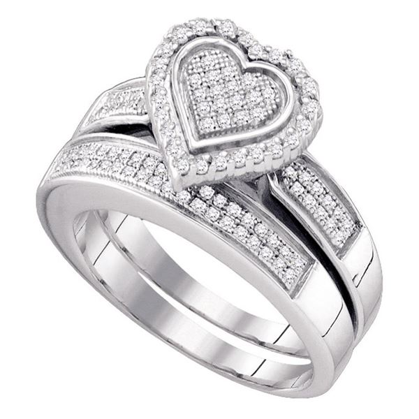 Sterling Silver Diamond Heart Bridal Wedding Ring Band Set 3/8 Cttw Sterling Silver