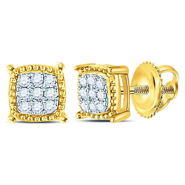 Mens Diamond Square Milgrain Cluster Earrings 1/10 Cttw 10kt Yellow Gold