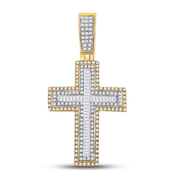 Mens Baguette Diamond Cross Charm Pendant 7/8 Cttw 10kt Yellow Gold