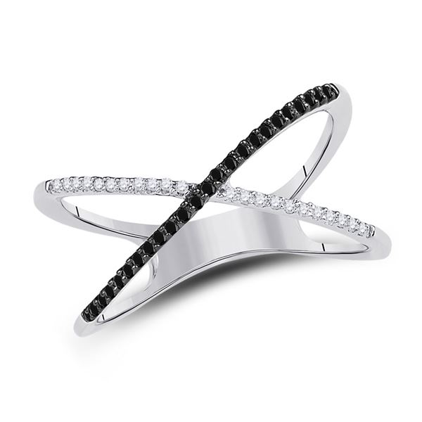 Black Color Enhanced Diamond Crossover Band Ring Slender 1/6 Cttw Sterling Silver