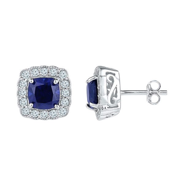 Cushion Lab-Created Blue Sapphire Stud Earrings 3-1/3 Cttw 10kt White Gold