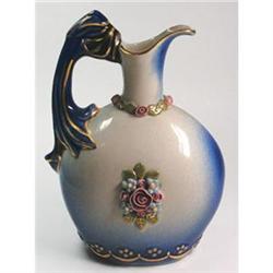 Blue & Gold Porcelain Pitcher w Pink Bas-Relief#1969100
