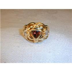 Estate 14K YG Gold Trillion Garnet Diamond Ring#1969382