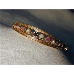 Old 14K YG Pearl Ruby Sapphire Filigree Bangle #1969406