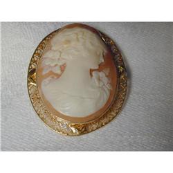 14K YG Filigree Carved Cameo Pendant Brooch #1969409