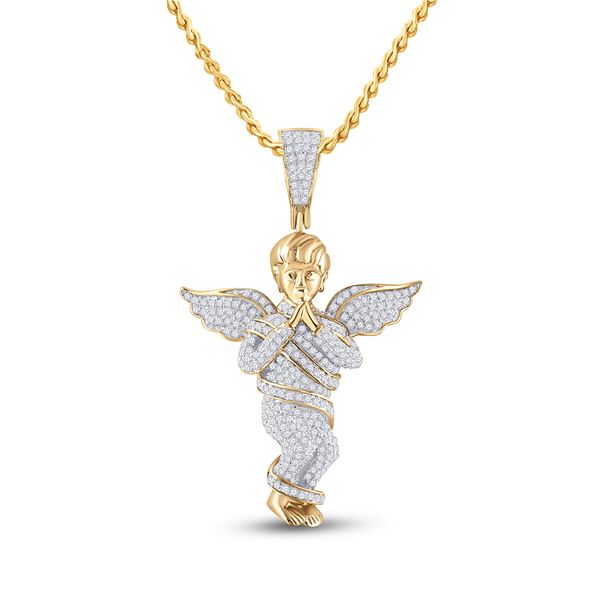 Mens Diamond Praying Angel Wings Charm Pendant 7/8 Cttw 10kt Yellow Gold
