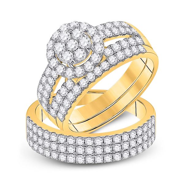 His Hers Diamond Cluster Matching Wedding Set 2-1/3 Cttw 14kt Yellow Gold