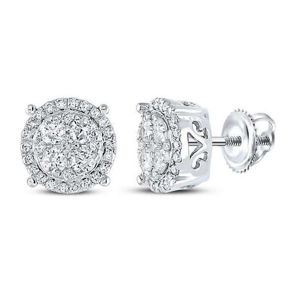 Diamond Circle Cluster Earrings 3/4 Cttw 10kt White Gold