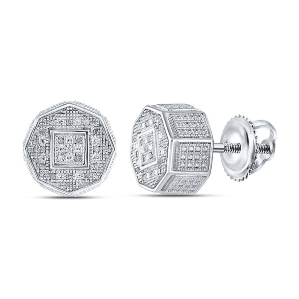 Sterling Silver Unisex Diamond Octagon Cluster Stud Earrings 1/10 Cttw Sterling Silver