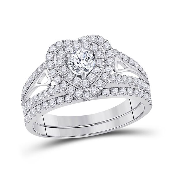 Diamond Heart Bridal Wedding Ring Band Set 1-1/5 Cttw 14kt White Gold