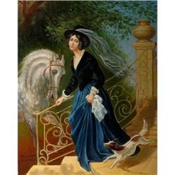 ART MARVELLOUS OIL PAINTING OF LADY HORSE & DOG#1959853